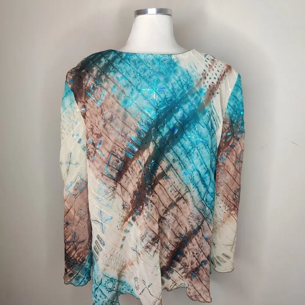 R&M Richards Tunic Top Embroidered‎ Blue Metallic Bell Sleeve